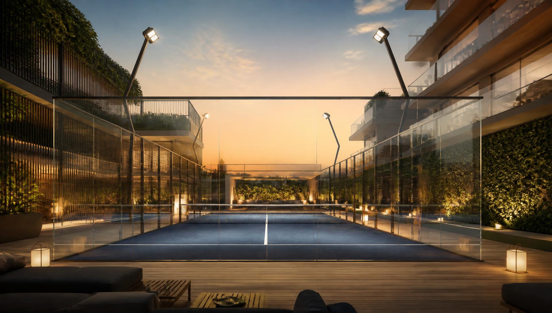 Pista de pádel privada en una urbanización al atardecer